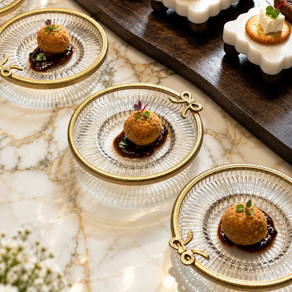 Ribbon Mini Plate in clear glass with gold brass rim for snacks and desserts